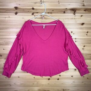 Anthropologie Pilcro Shirt Womens XL Hot Pink Ruffled Sleeve V-Neck Waffle Knit